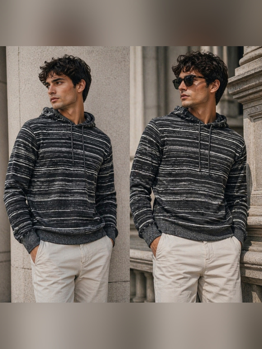 Treasure & Bond Men Knit Hooded Stripe Sweatshirt Black Sz L Kangaroo Pocket